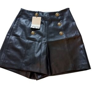 ZARA Black Faux Leather High Waisted Sailor Button Shorts XS parisian date night